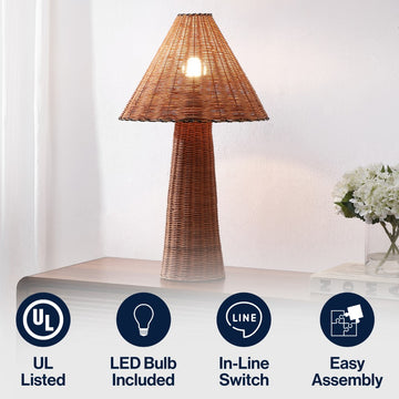 Kara 26.5" Modern Coastal Woven Rattan Tapered Cylinder LED Table Lamp